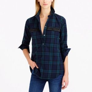 J Crew Plaid Popover Shirt Top Embellished Pockets Green Sz 4P